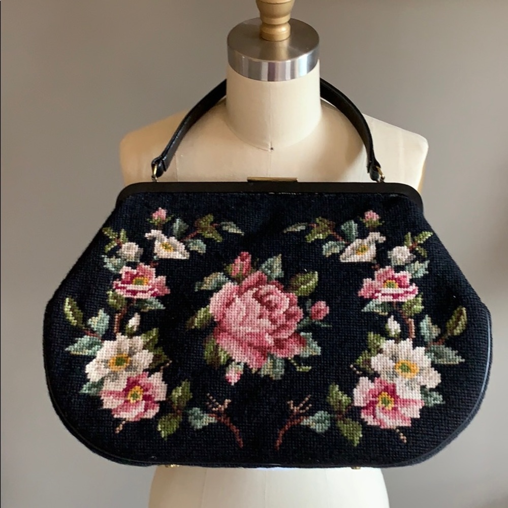 Vintage hand embroidered handbag huge purse black